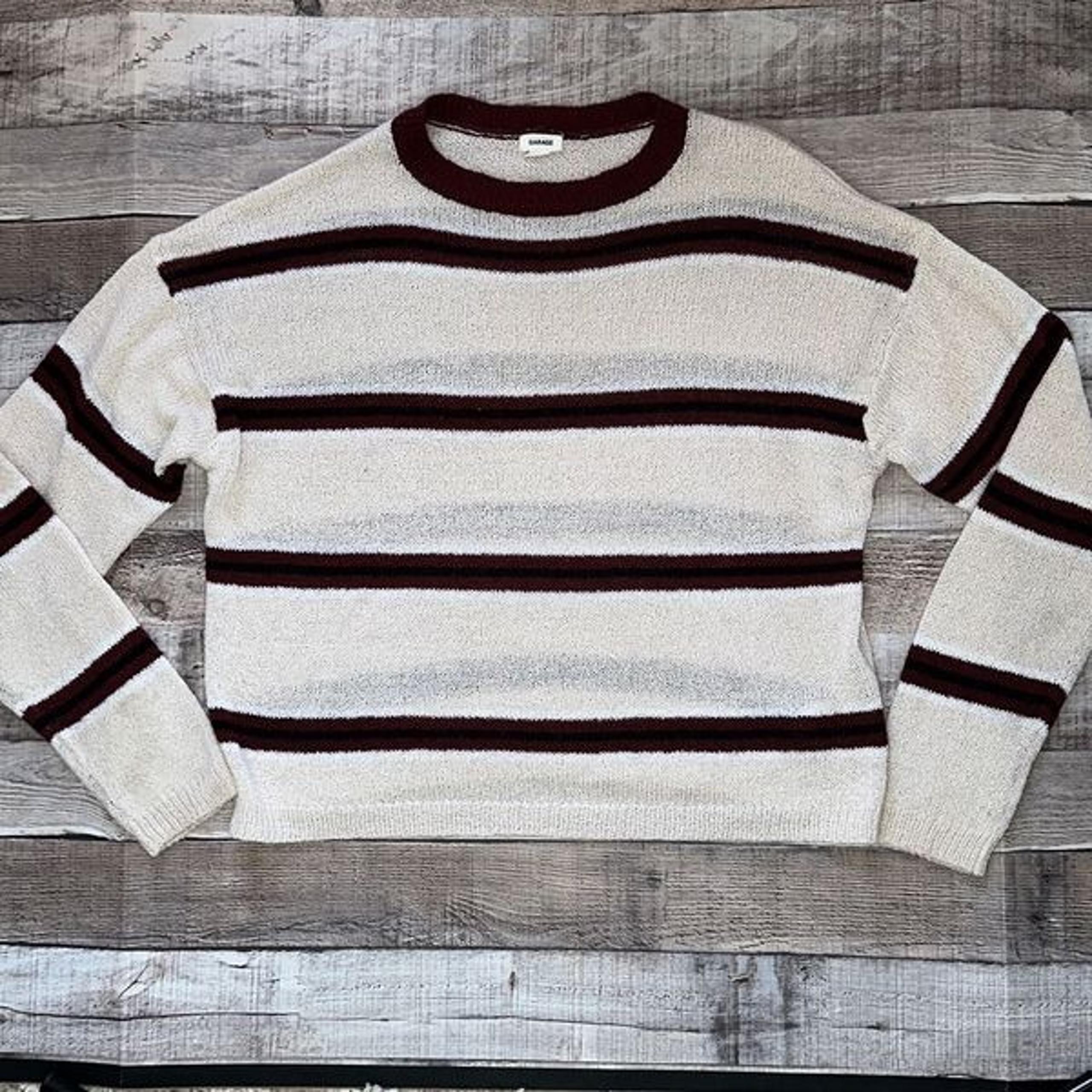 Garage Crewneck Maroon Striped Long Sleeve Cozy Sweater | Size XS