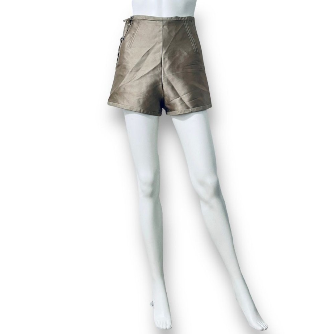Chloe Metallic Gris Vert High Rise Side Lace- Up Silk Shorts Size 36