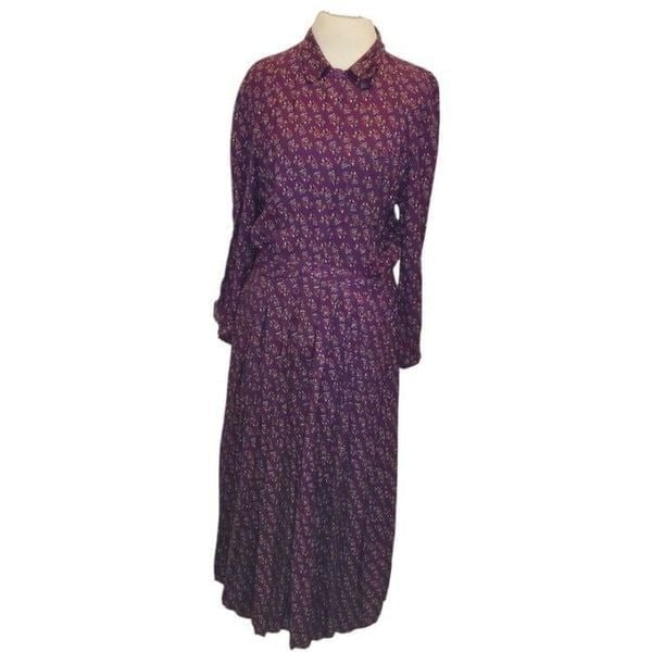 Vintage 90s Modest Casual Purple Floral Longsleeve Maxi Dress Pockets Sz S/M