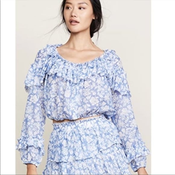 Like new loveshackfancy popover silk blend set in biscay blue