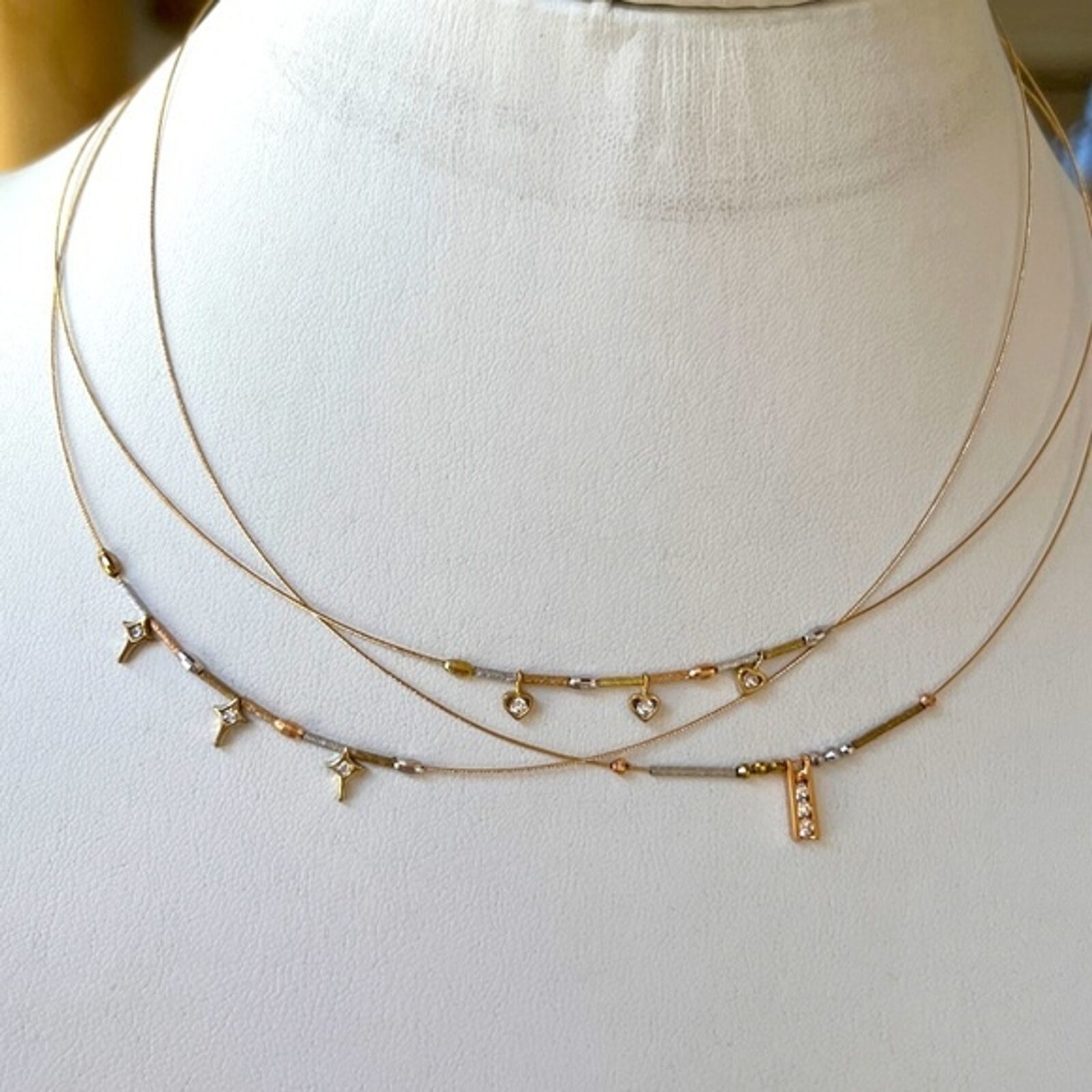 New 14K Tri color Gold Heart Necklace 3 CZ Heart cable chain 16” inches long