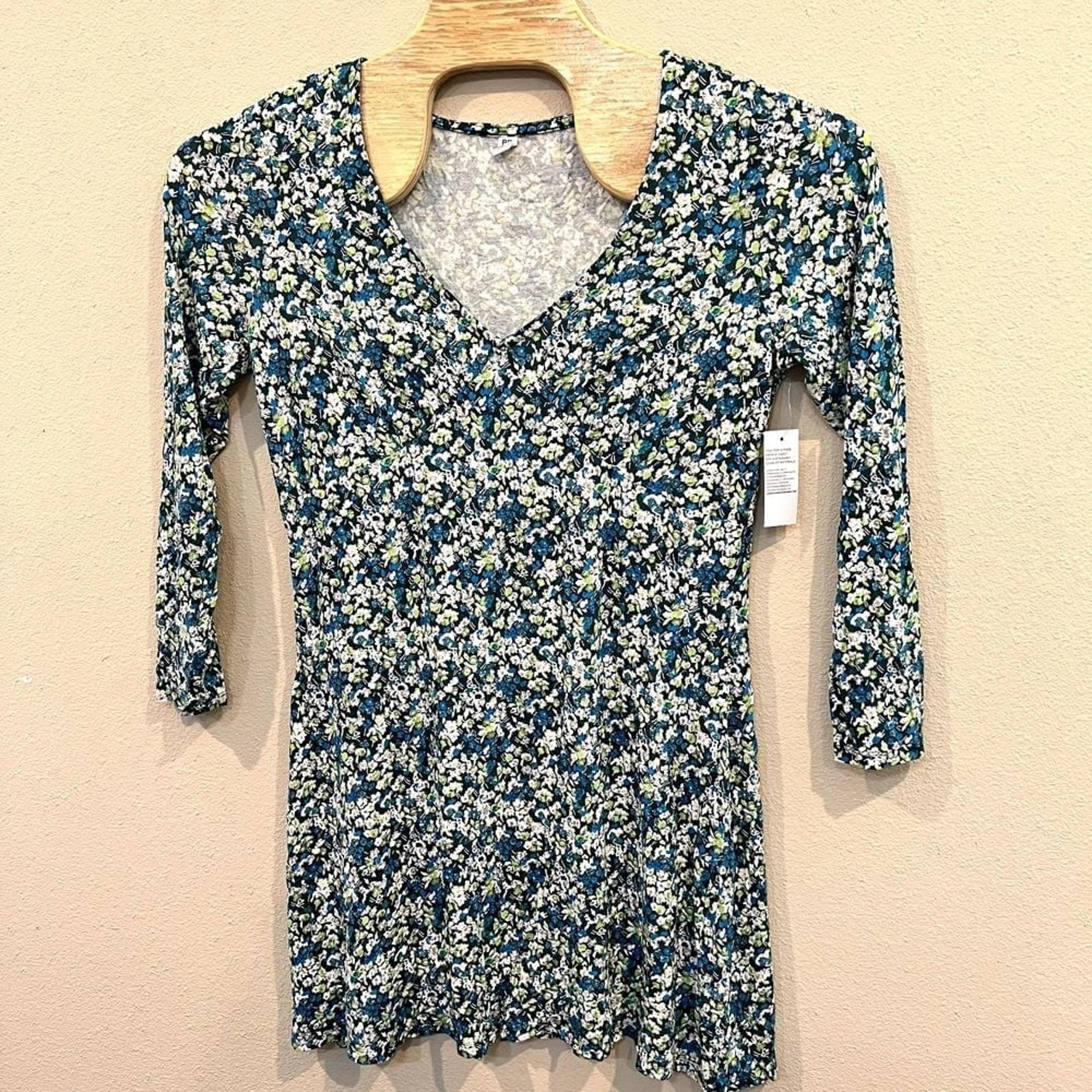 BP Womens Dress  Size XL Blue Green Floral Fit and Flare Long Sleeve V Neck
