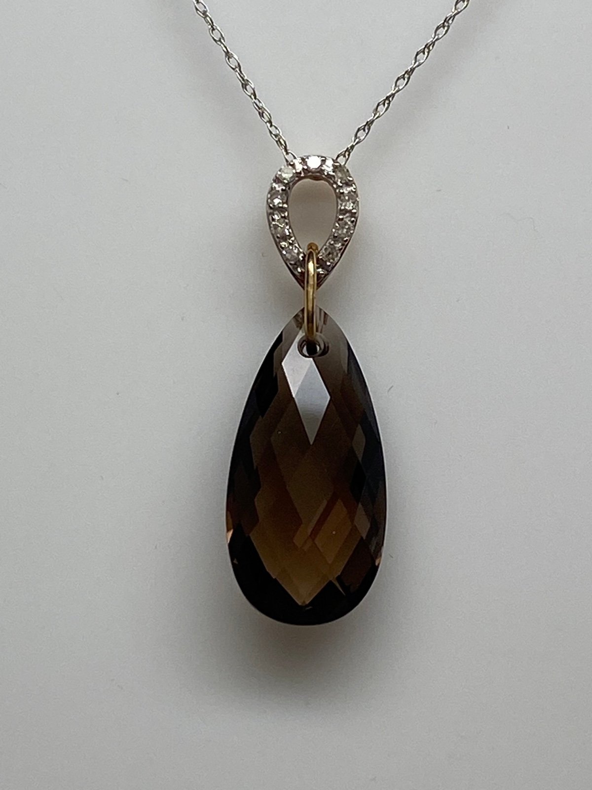 10K Briolette Cut Smoky Quartz and Diamond Two Tone Pendant and Chain New