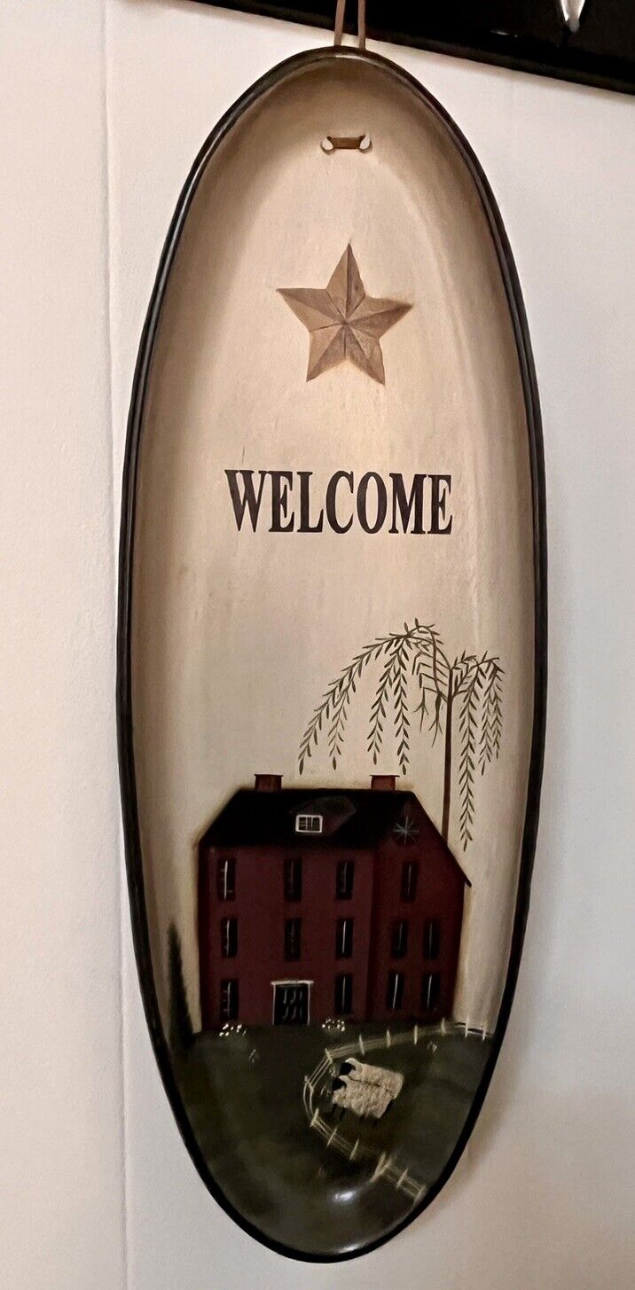 Primitive Hand Painted Wood Welcome Wall Hanging House & Sheep By Pat Fischer