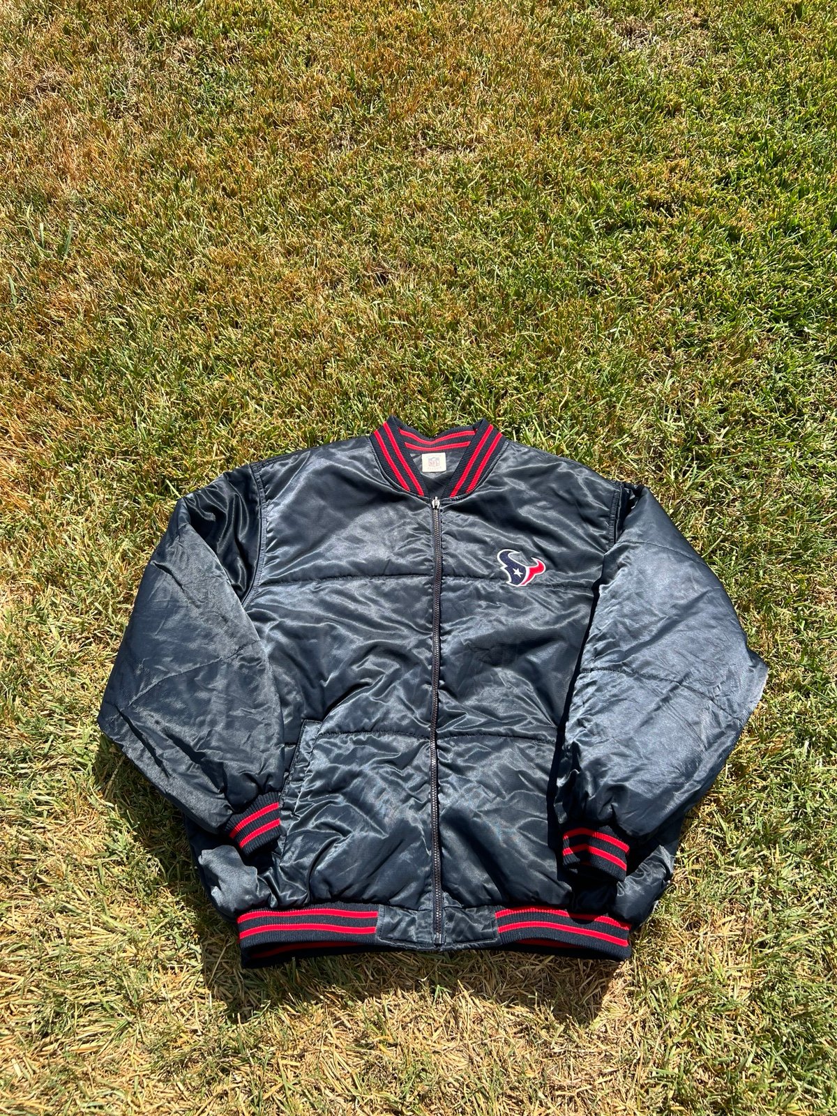 NFL Houston Texans Navy & Red Satin Varsity Jacket full zip Reversible logos 2XL