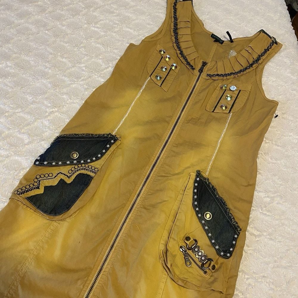 Tricotto Mustard Yellow Sleeveless Small Jeweled Floral Artsy Sheath Dress