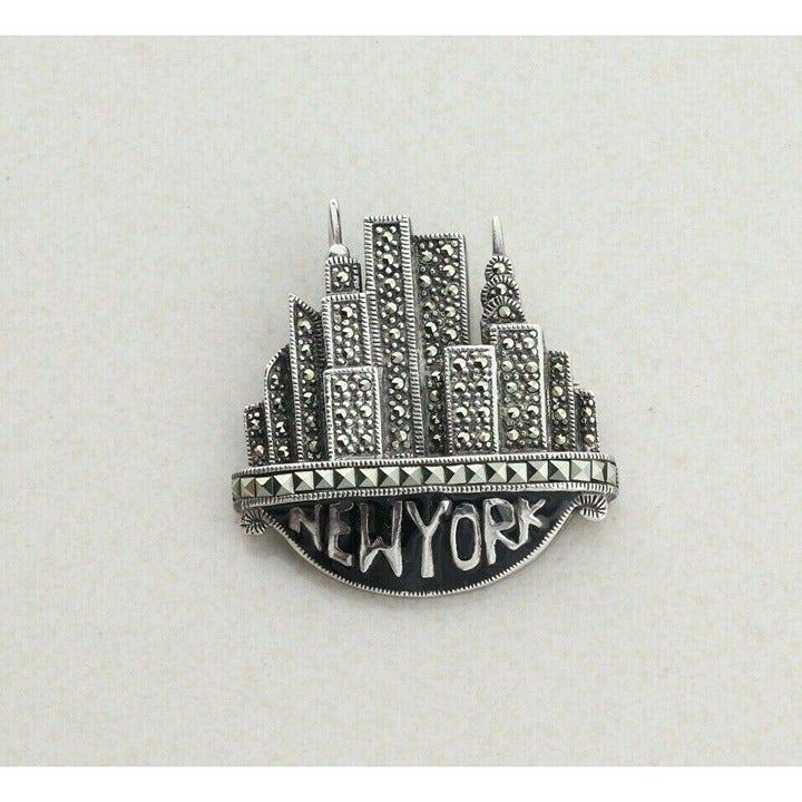 Sterling Silver New York Marcasite Pin Brooch