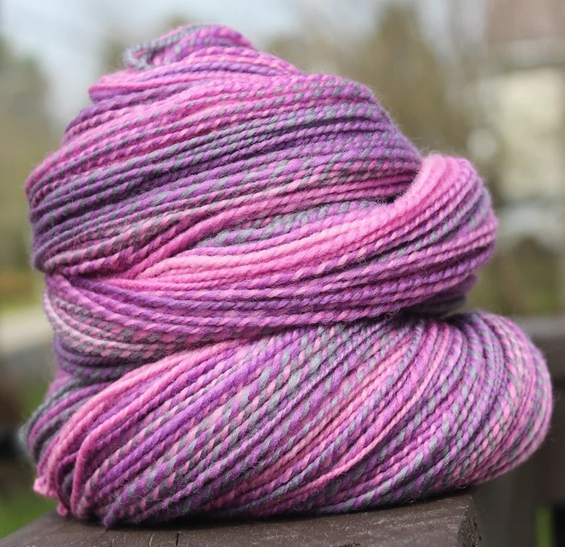 Twilight, Hand Spun, Handspun, Yarn, DK, Pink, Purple, Gray, Knitting, Crochet,