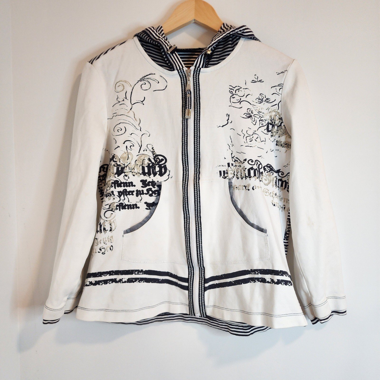 Orly Womens Large White Navy Graphic Print Cotton Zip Front Hooded Sweatshirt