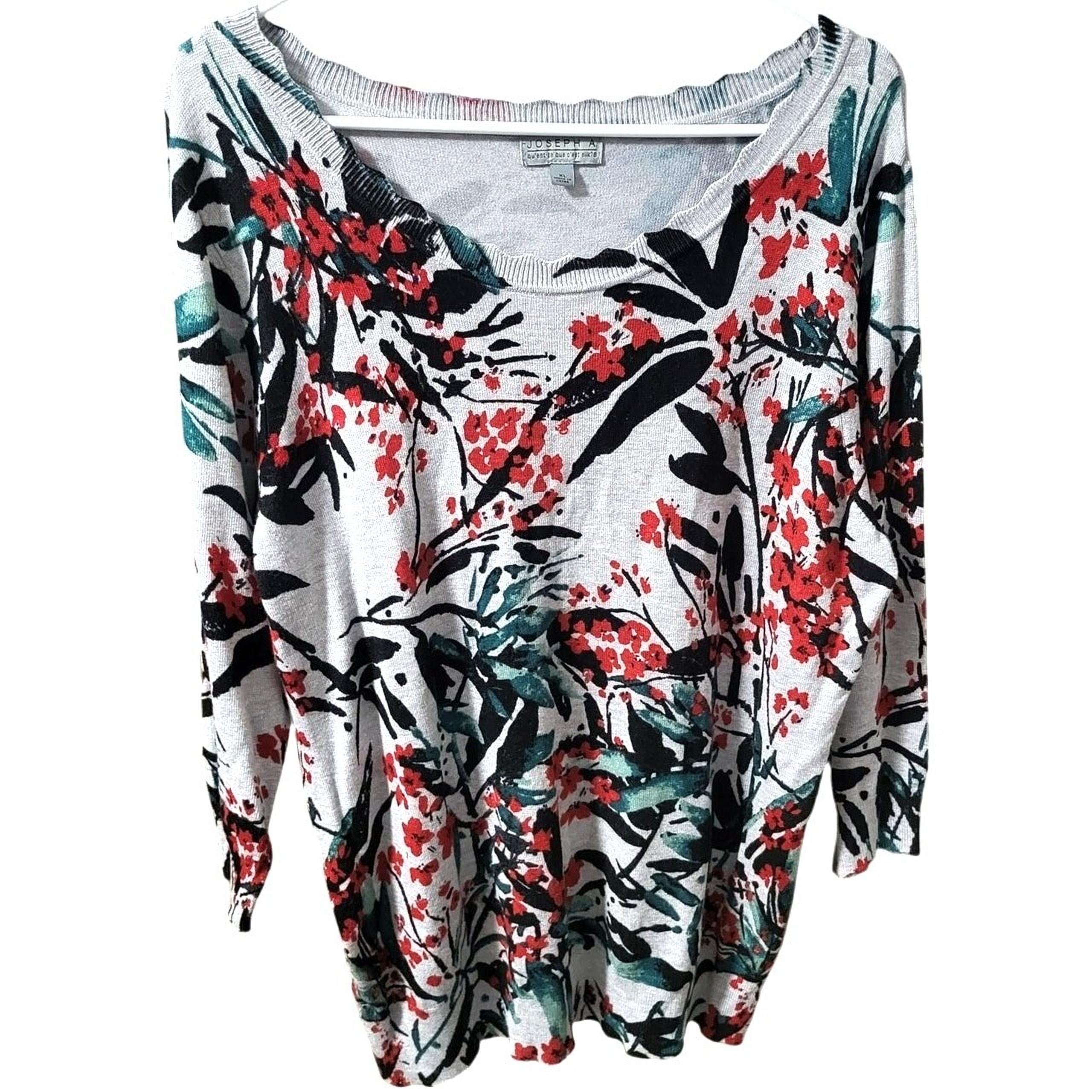 Joseph A. Floral Scalloped/Swoop Neck Sweater - XL