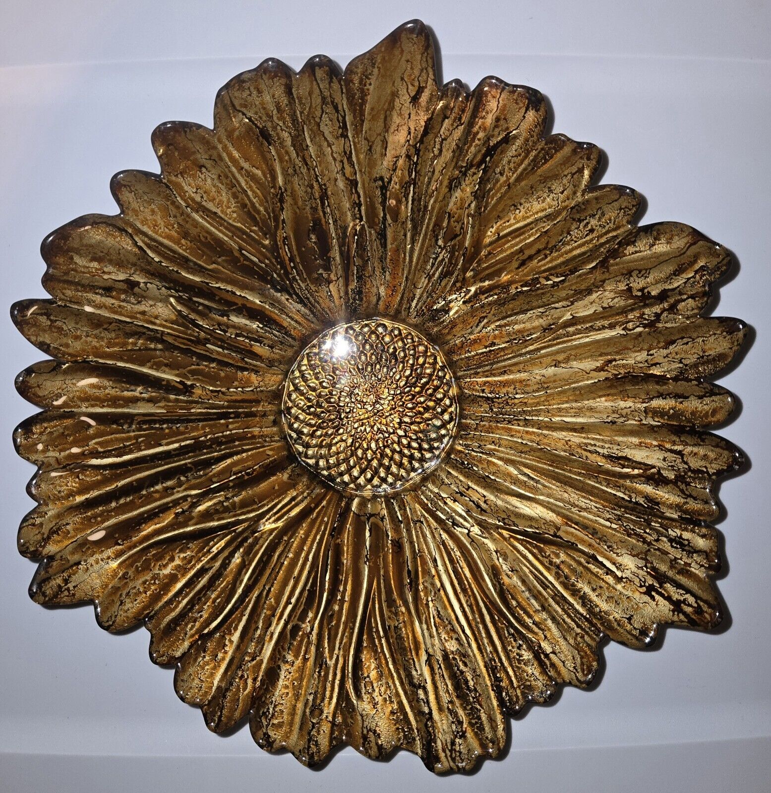 Vintage Akcam Lavel A La Main Sunflower Bowl 11.5 Inch Hand Blown Glass Bowl