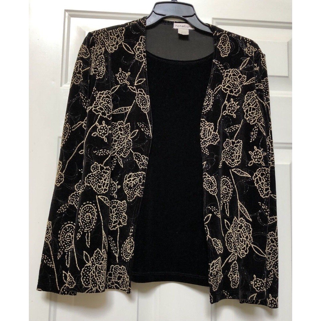 Notations Jacket Size S Long Sleeves Black/Gold Beaded Velvet Evening Jacket