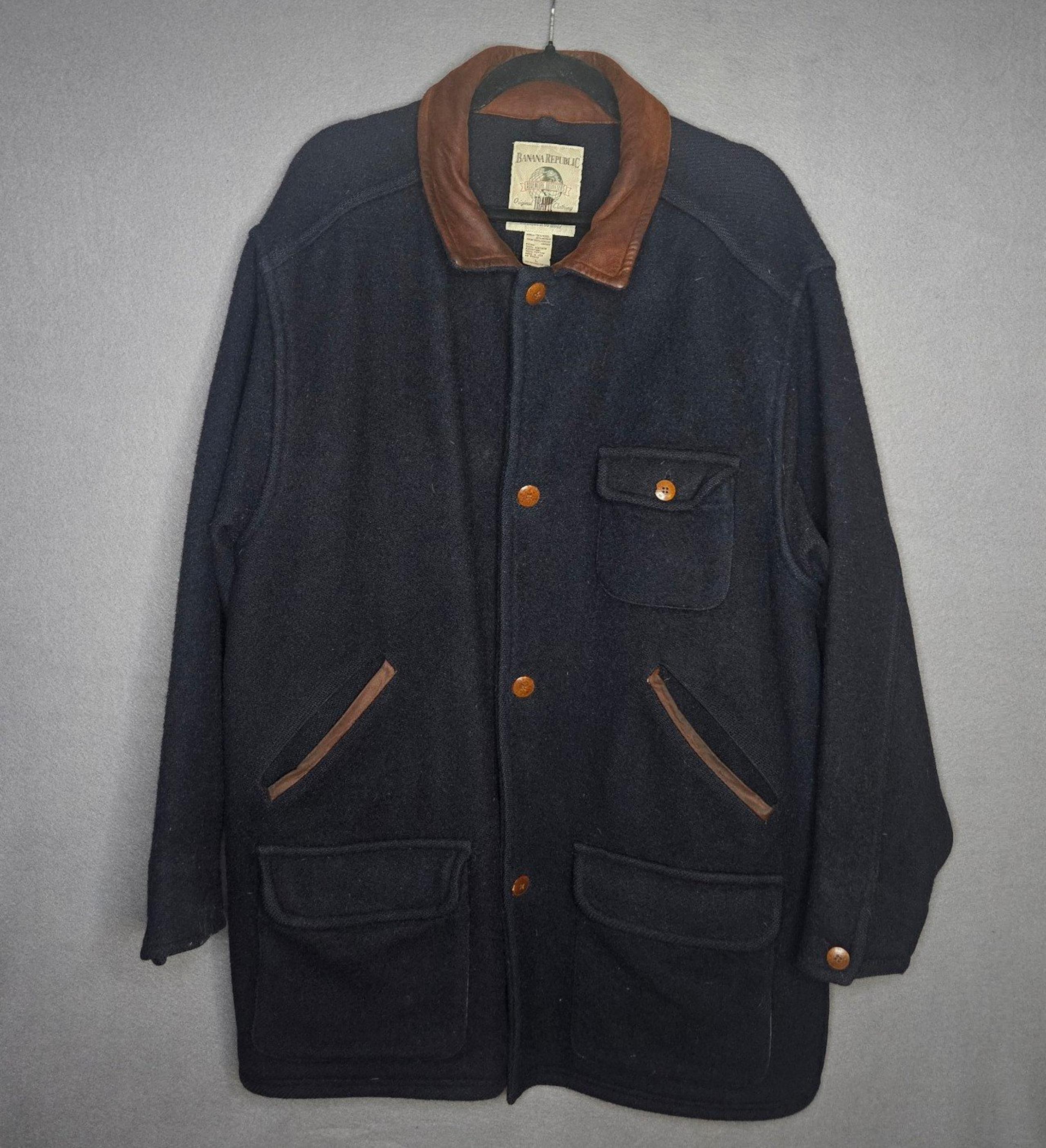 Vintage Banana Republic Men's Large Coat Mohair Wool Blend Leather 1990s USA