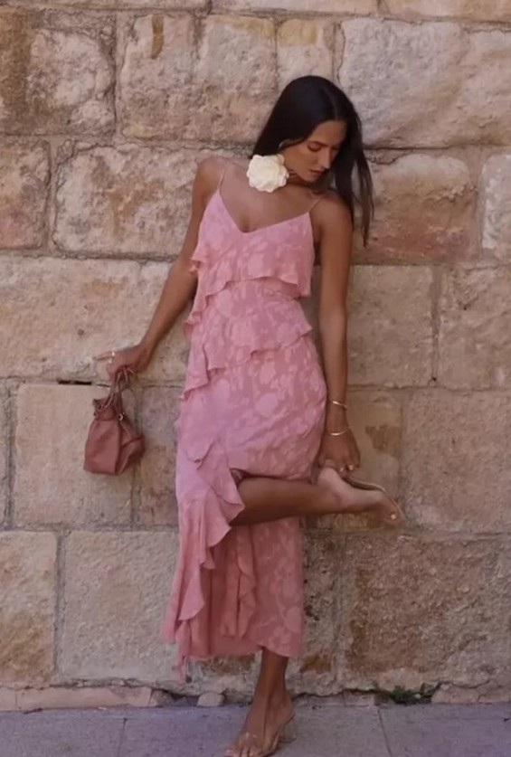 ZARA MARSALA PINK JACQUARD MIDI DRESS WITH RUFFLES SIZE XL NWT