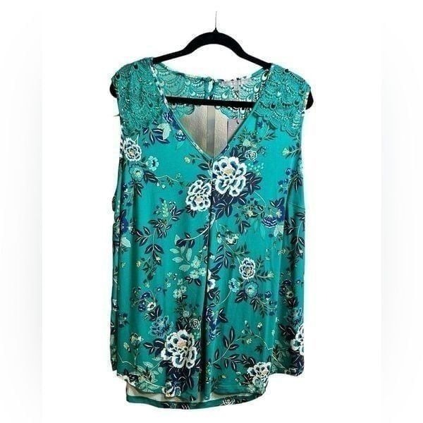 NWT Daniel Rainn Plus Size Green Floral Crochet Accent Tank Top Blouse Size 3XL