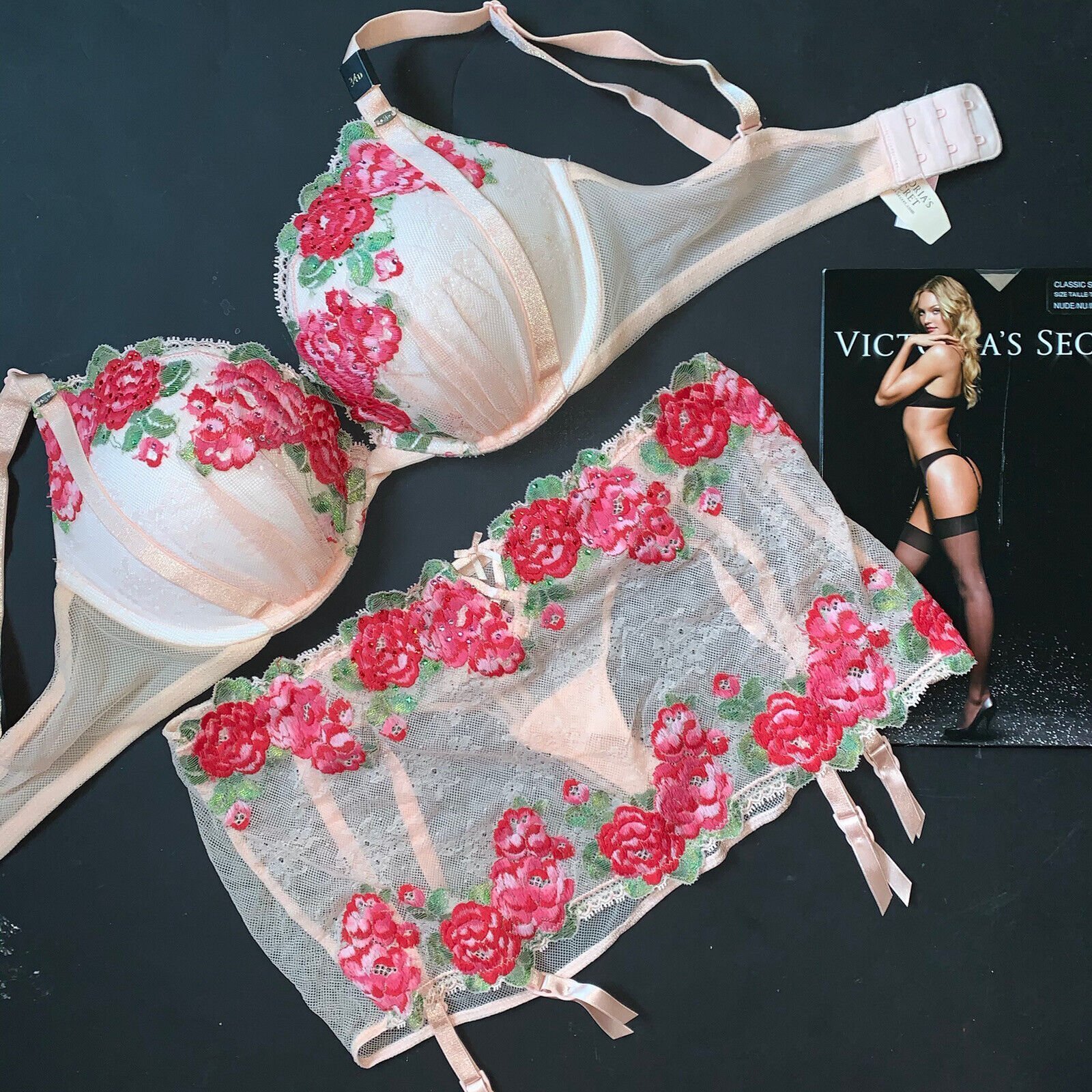 Victoria's secret 32B,34B,34D,34DD BRA SET+garter skirt Embroidered Roses Pink