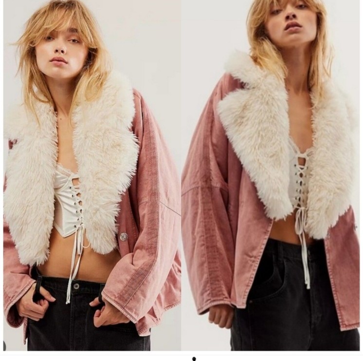 Free People Lolo Denim Mauve Fur Collar Double Breasted Oversized Jacket