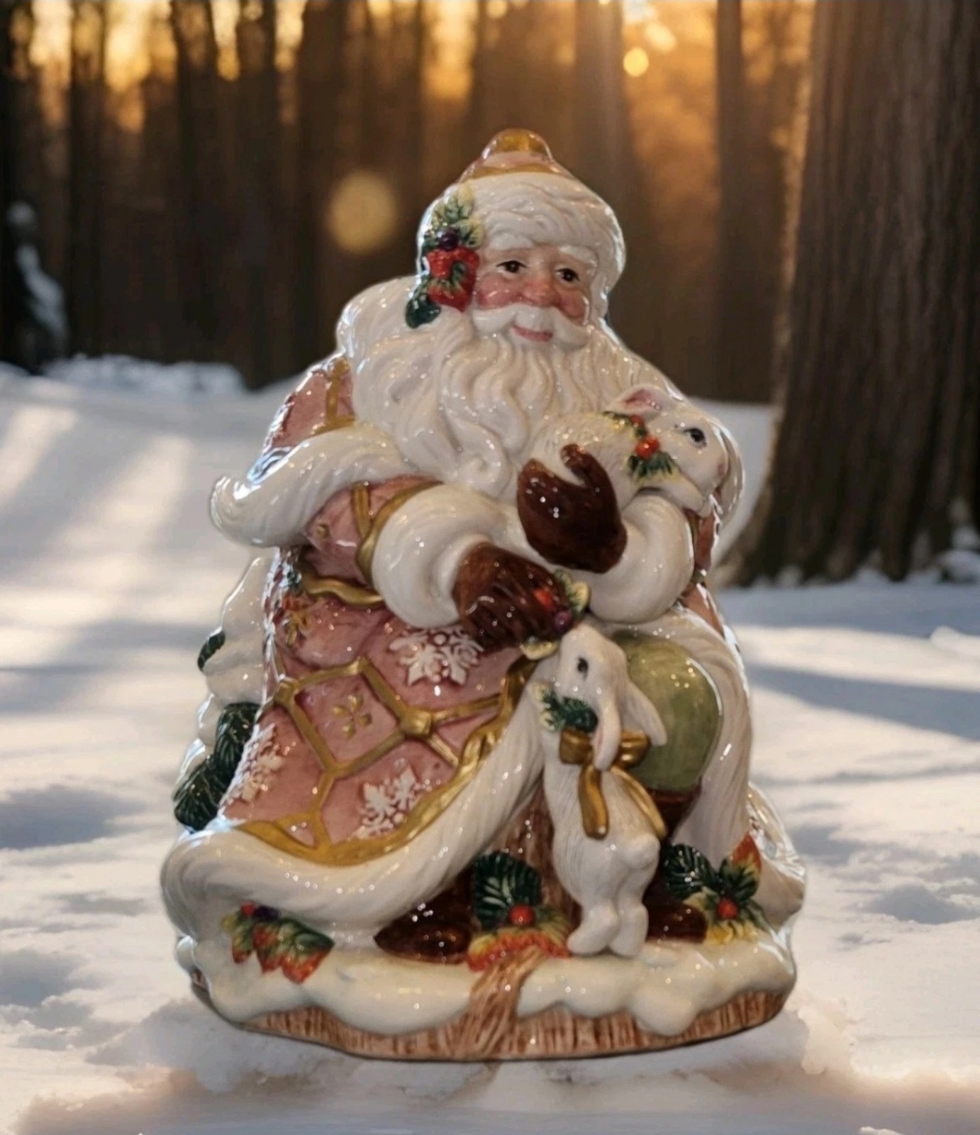 Retired VTG Fitz & Floyd "Snowy Woods" Santa Christmas Large Ceramic Cookie Pink