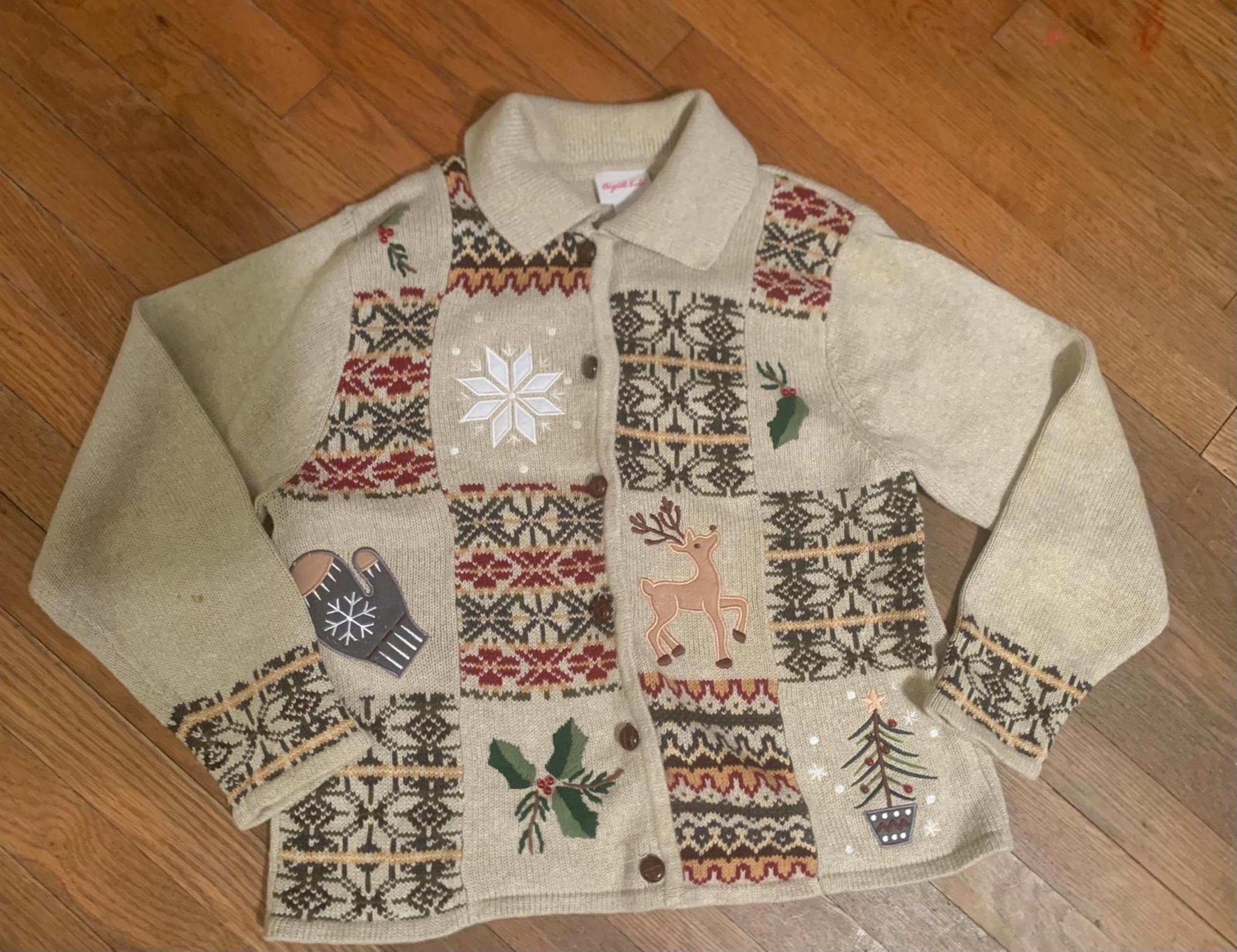 Women’s L Ugly Christmas Sweater Crystal Kobe Reindeer Mittens Cardigan Sweater
