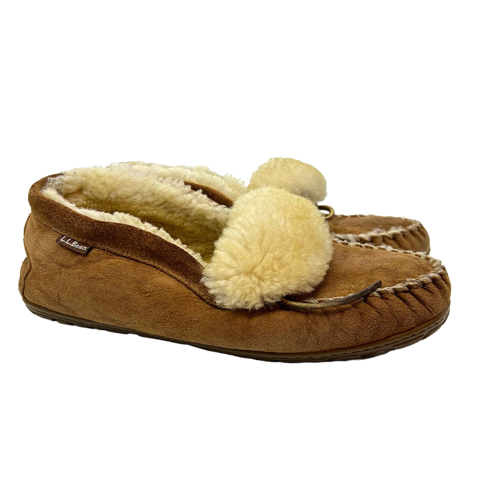 LL bean wicked good slippers brown suede shearling moccasins warm mens 10 flaws