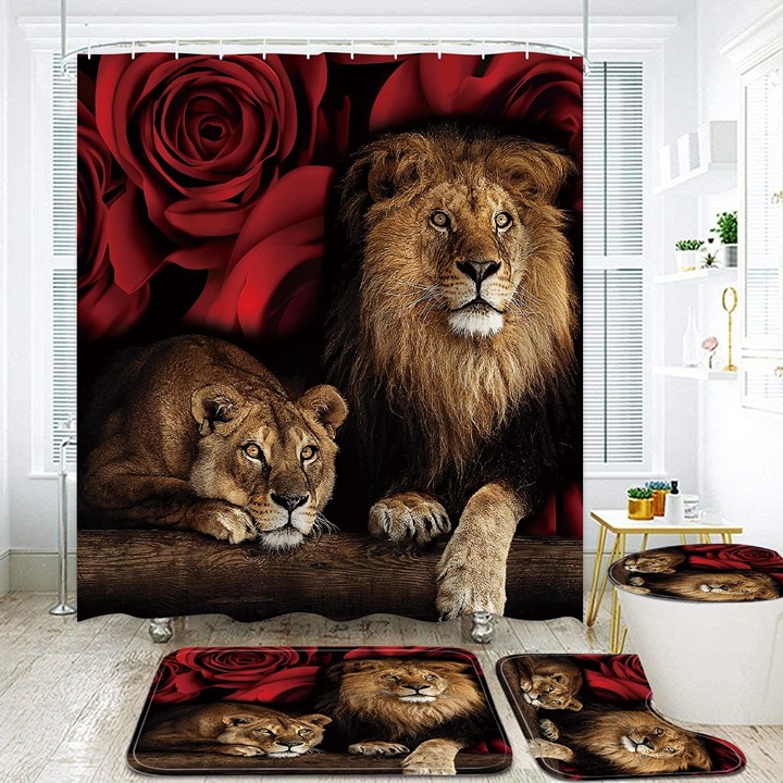 4PCS Red Rose and Lion Shower Curtain Bathroom Set