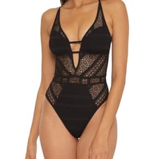 BECCA Women's Color Play Crochet One Piece Swimsuit, Plunge Neck Size Small