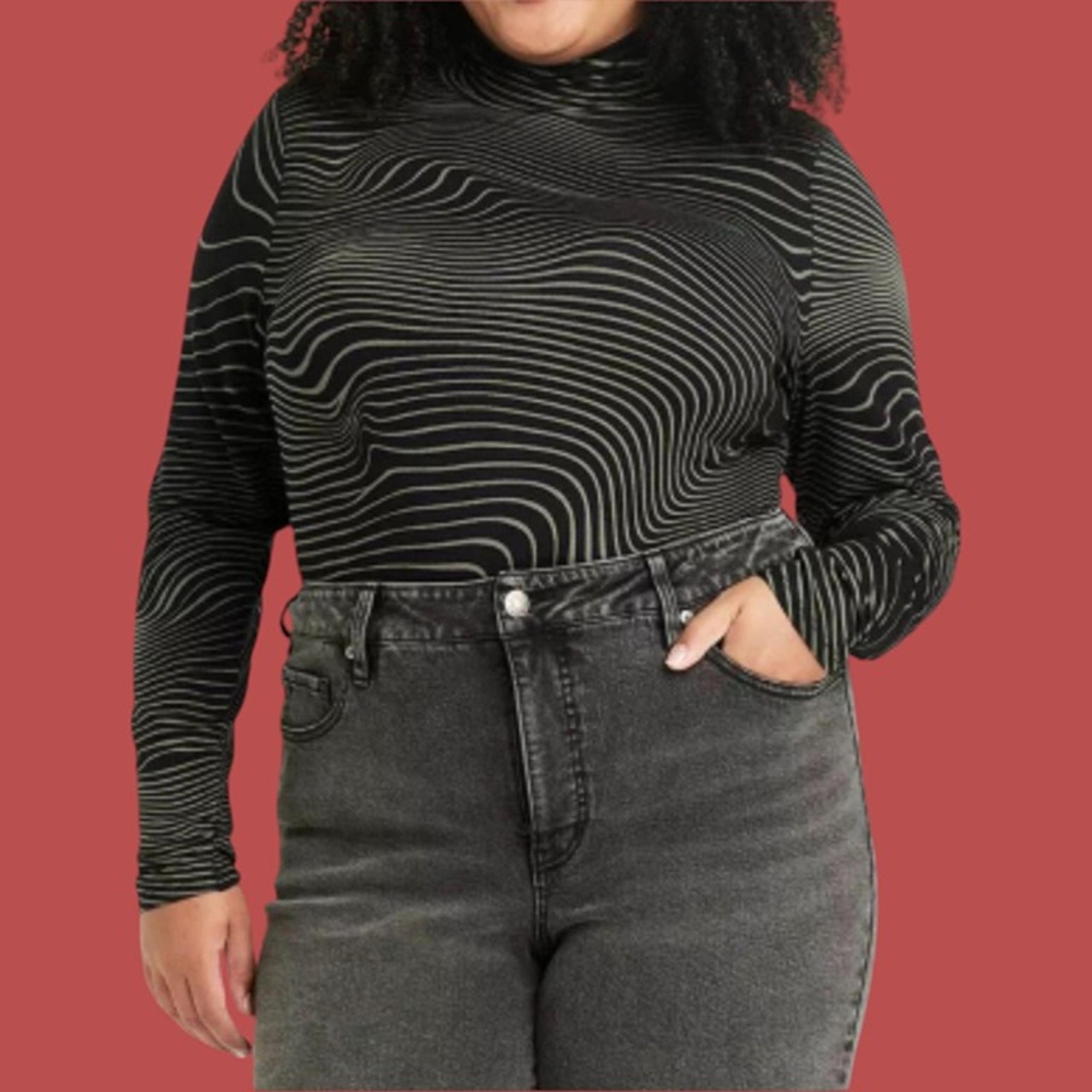 Ava & Viv - Women's Long Sleeve Mock Turtleneck T-Shirt - Black/Green - 2X