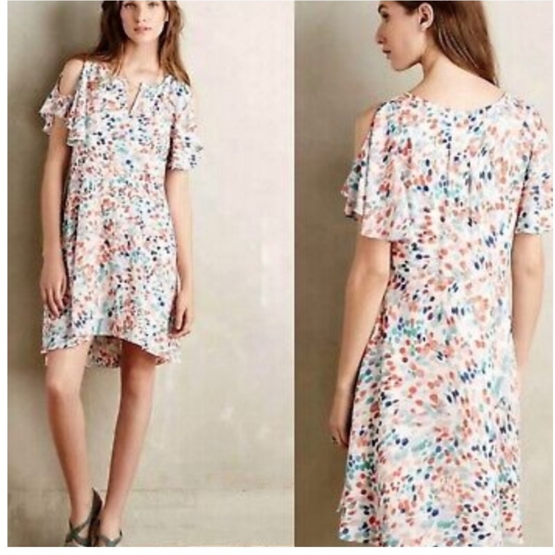 MAEVE By Anthropologie Fluttered Sleeve Watercolor Dress Multicolor Size Large