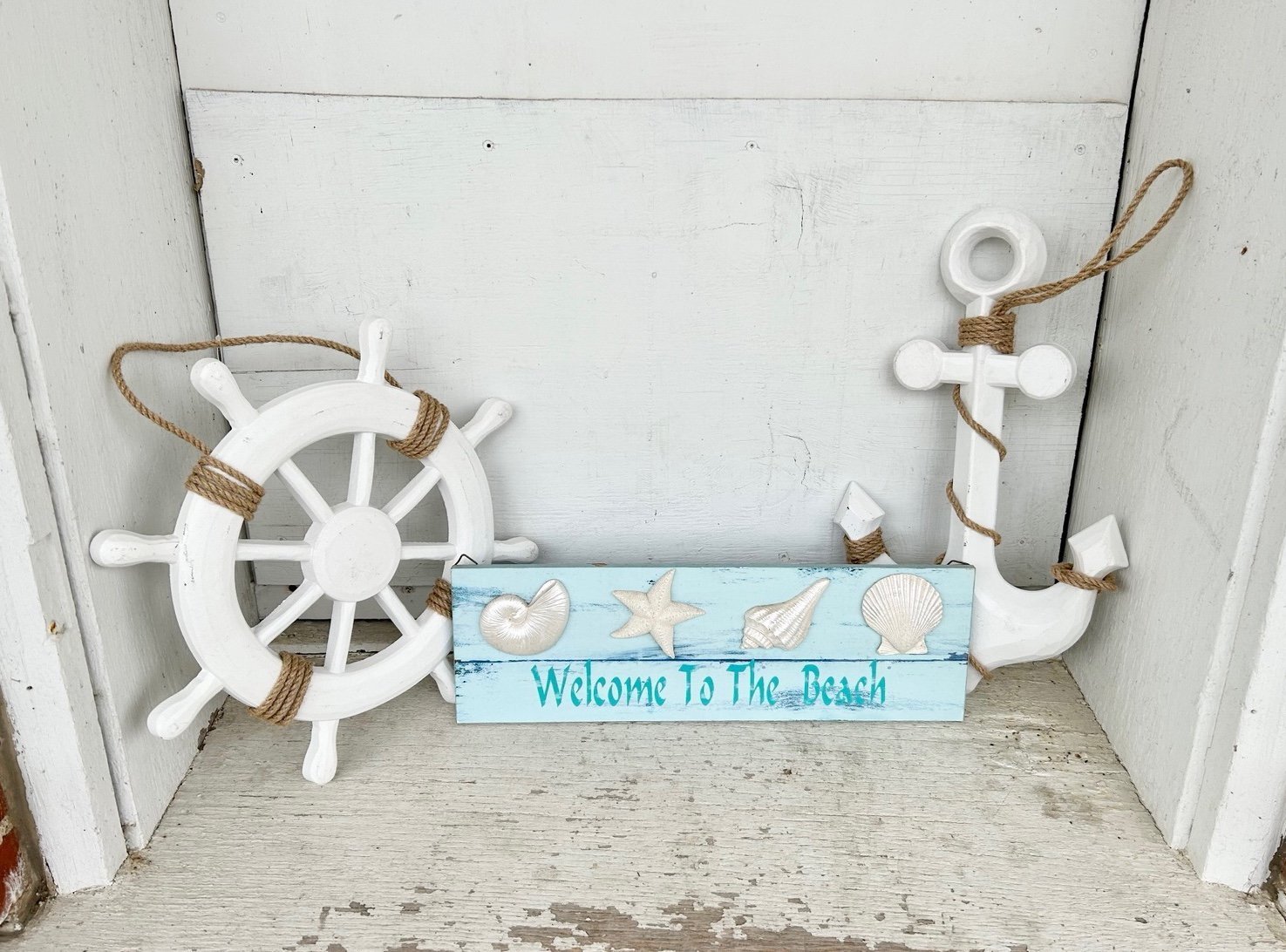 Wooden Rope String Ship Wheel & Anchor - Iridescent Seashell Sign Nautical Decor