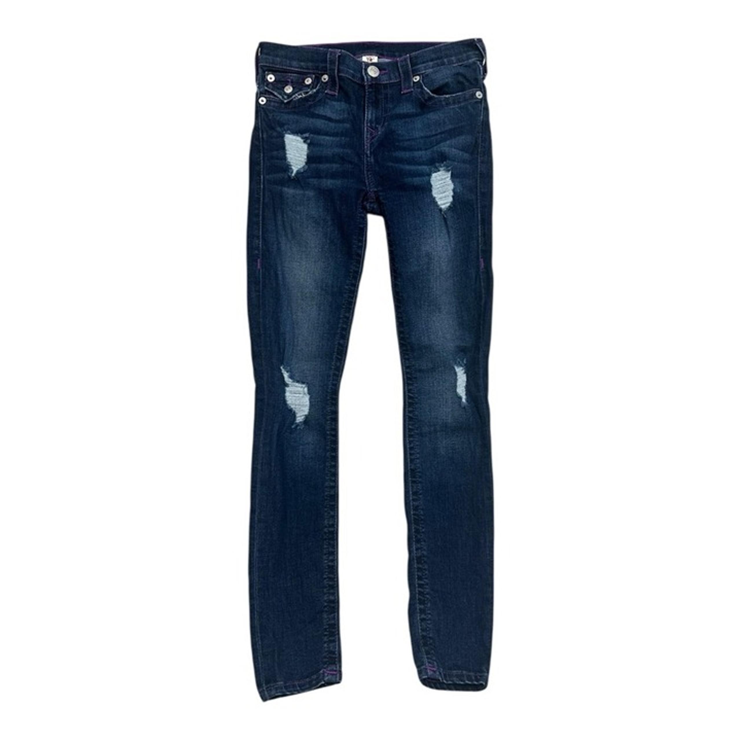True Religion Women's Distressed Neon Purple Stitch Skinny Jeans - Size 28
