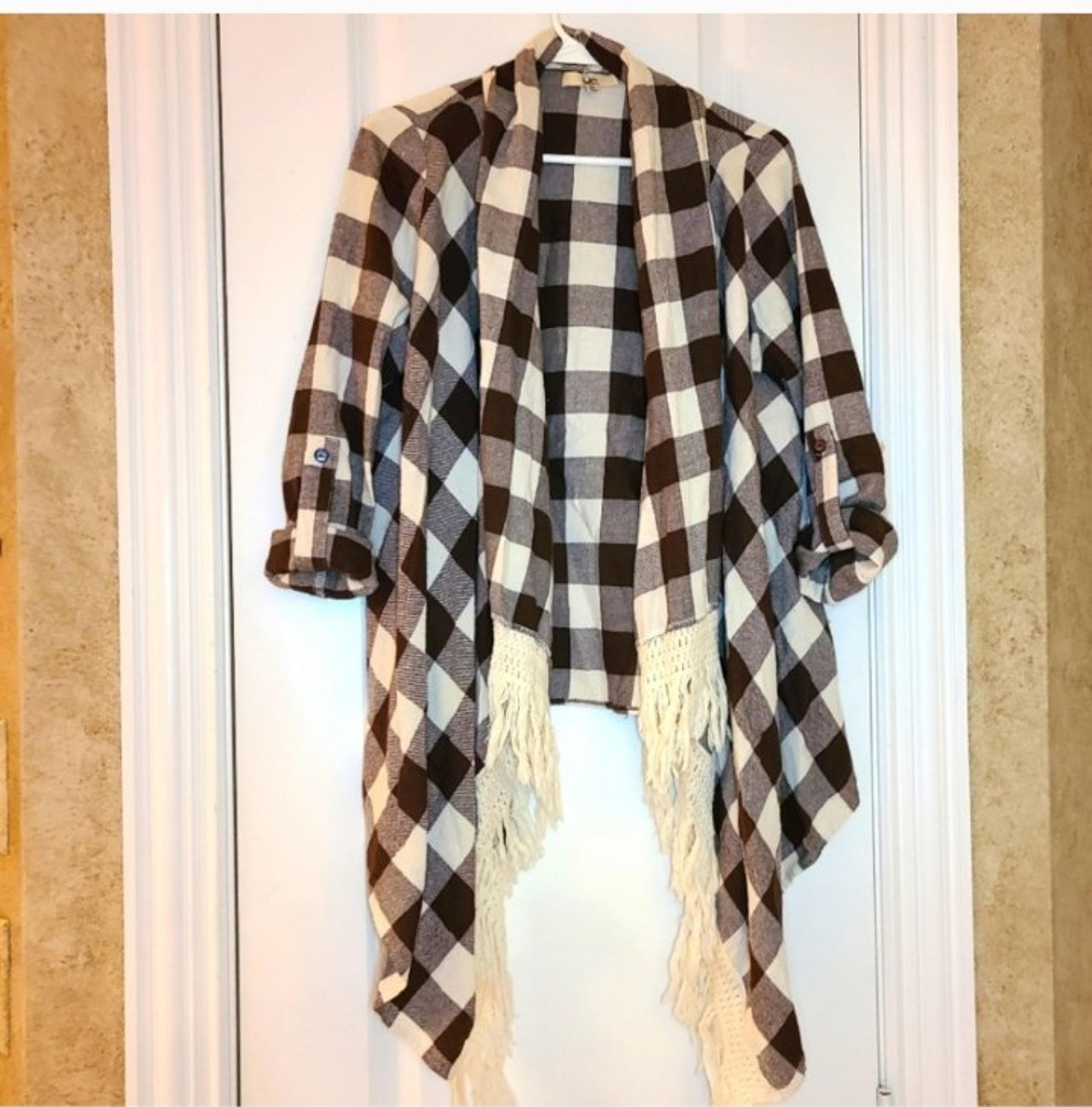 Ya Los Angeles Open Front Plaid Fringed Cardigan