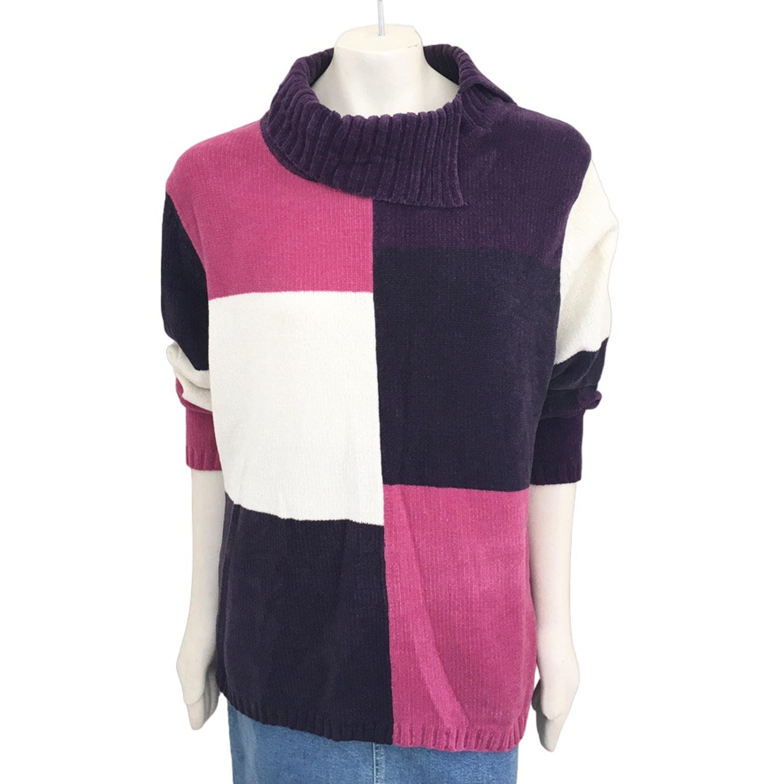 VTG 80s WHITE STAG Colorblock Square Mock Neck Chenille Tunic Sweater WOMENS 18W