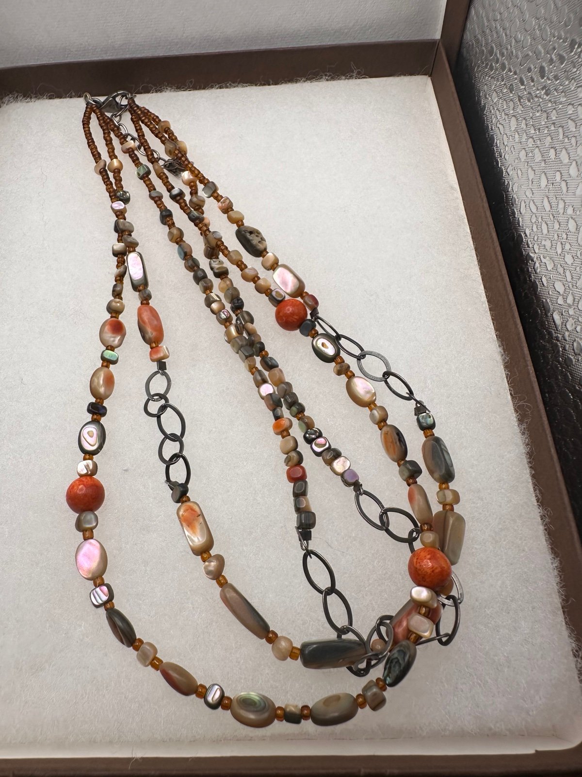 Retired Sterling Silpada Vintage Coral Abalone Shell Triple strand Necklace