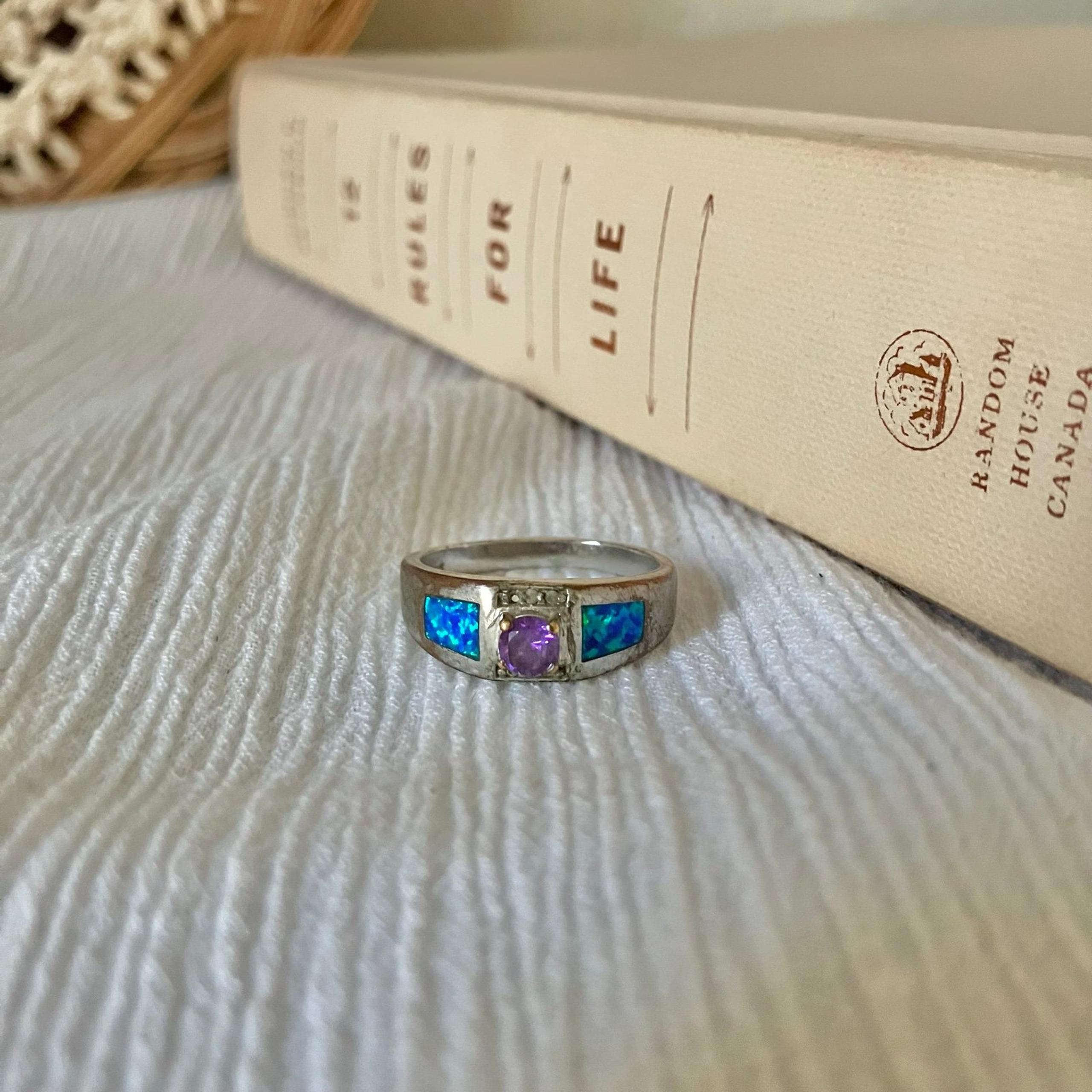 925 Men’s Faux Amethyst Blue Opal Ring “Darcy” Blue Purple Wedding Patina Bohemi