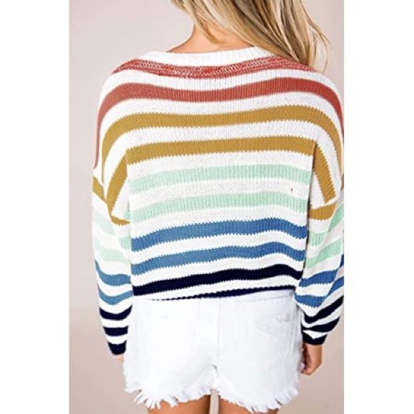 Rainbow Striped Boho Colorful Knit Sweater Women XL Gorpcore Cozy Soft Oversized