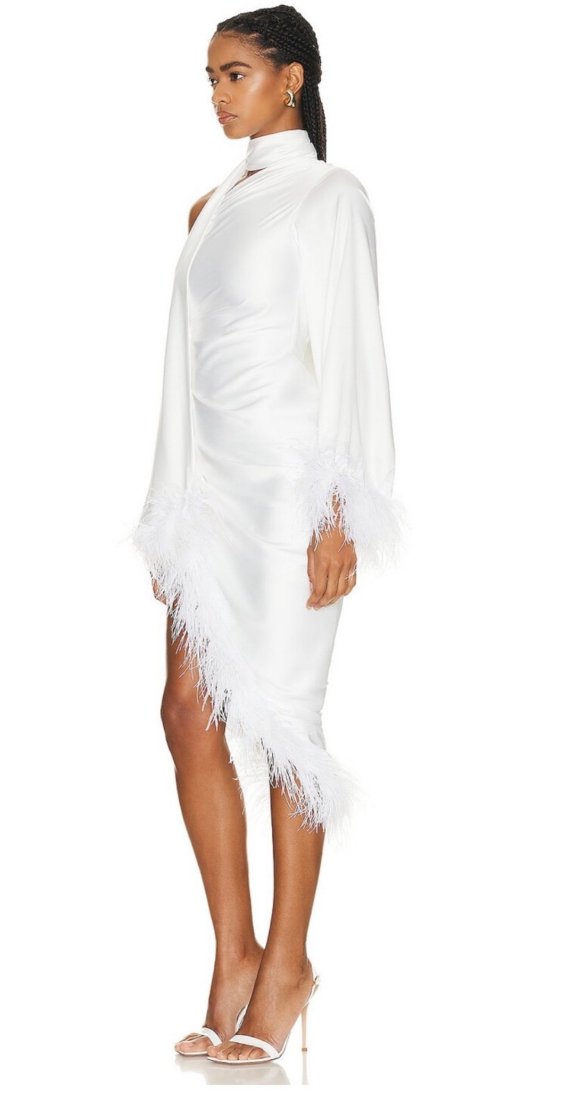 1595 PatBO Women's White Satin One-Shoulder Feather Trim Sheath Dress Size 2