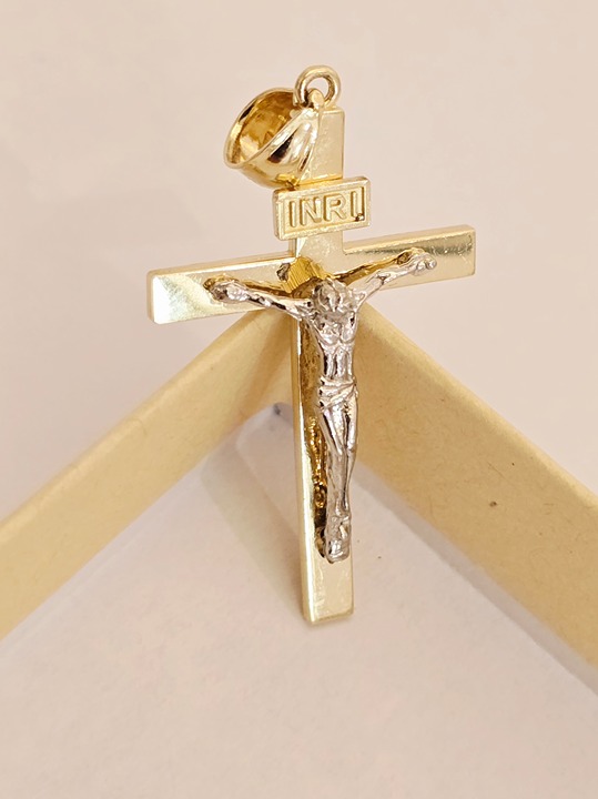 14K Solid 2 Tone Gold Crucifix Cross Religious INRI Pendant Necklace