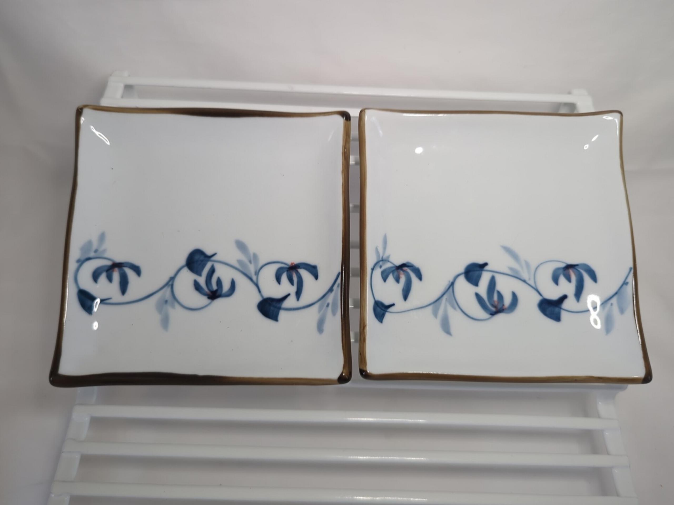 2 World Market Handpainted Square Tapas Sushi Plates Blue Floral Brown Trim