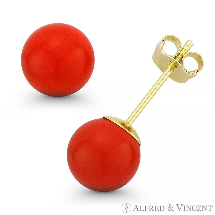 10mm Orange Coral Ball Butterfly Pushback Stud Earrings in 14k Yellow Gold
