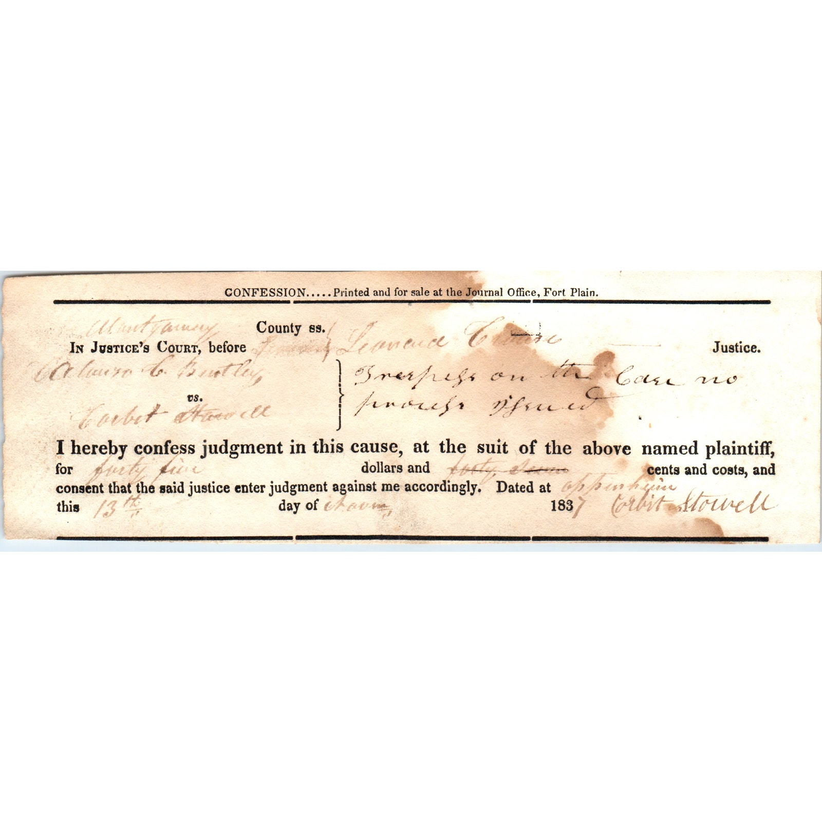 1837 Montgomery County PA Signed Court Confession Document Stowell D18