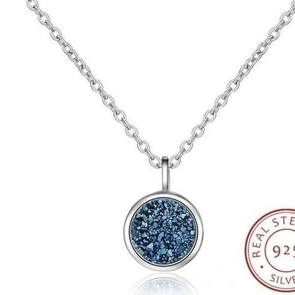 Simple Blue Druzy Sterling Silver Chain Necklace Layering Necklace