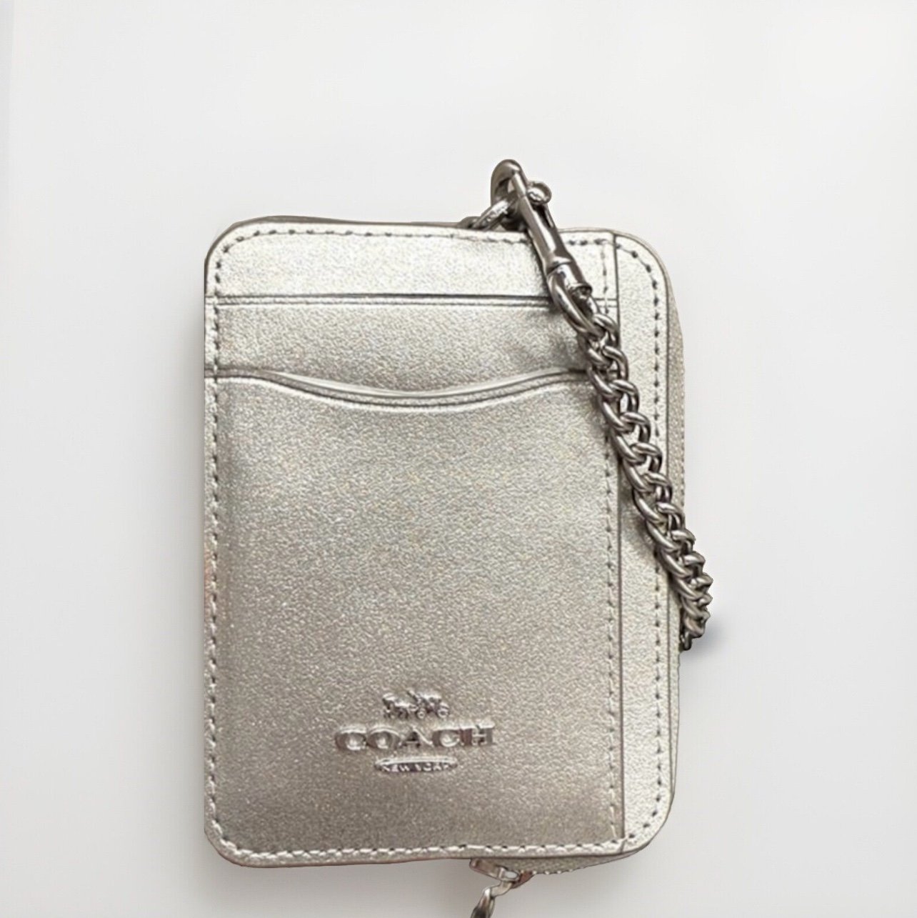 NWT COACH Zip Card Case In Pearlized Silver Smooth Leather CW890 AUTHENTIC