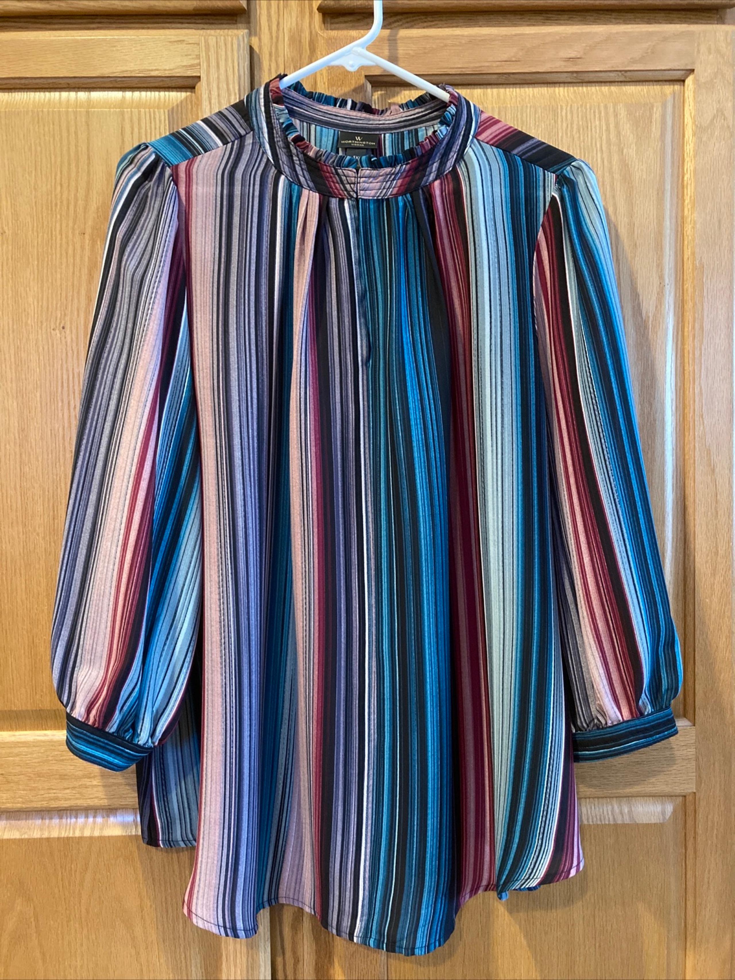 WORTHINGTON TUNIC TOP PLUS 1X TEAL PINK STRIPE RUFFLE PEASANT BOHO KEYHOLE WOMEN