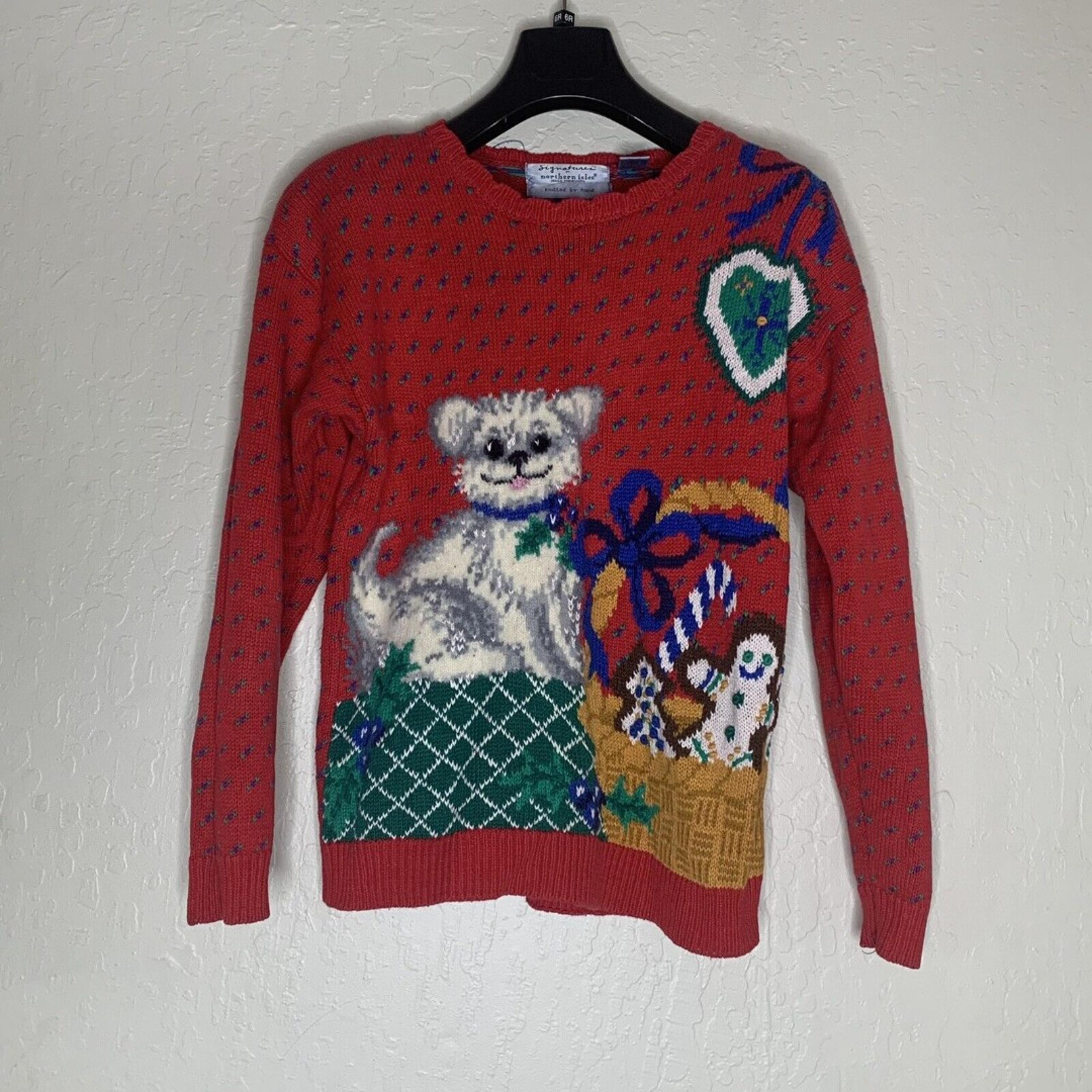 VTG Large Signatures By Northern Isles Hand Knit Dog Christmas Sweater WOMENS S