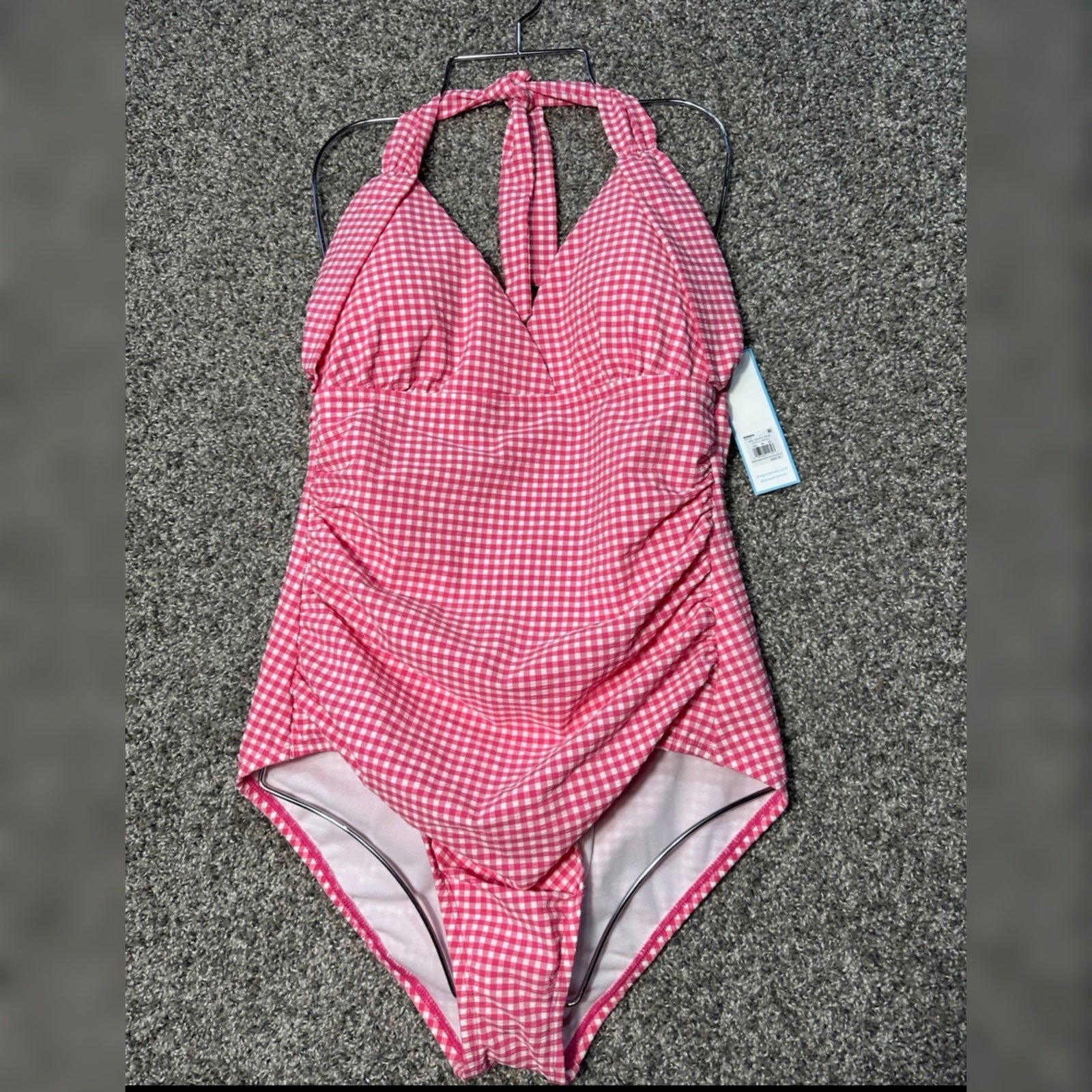 NWT Draper James Gingham Seersucker Draped Halter One-Piece Swimsuit Size XL