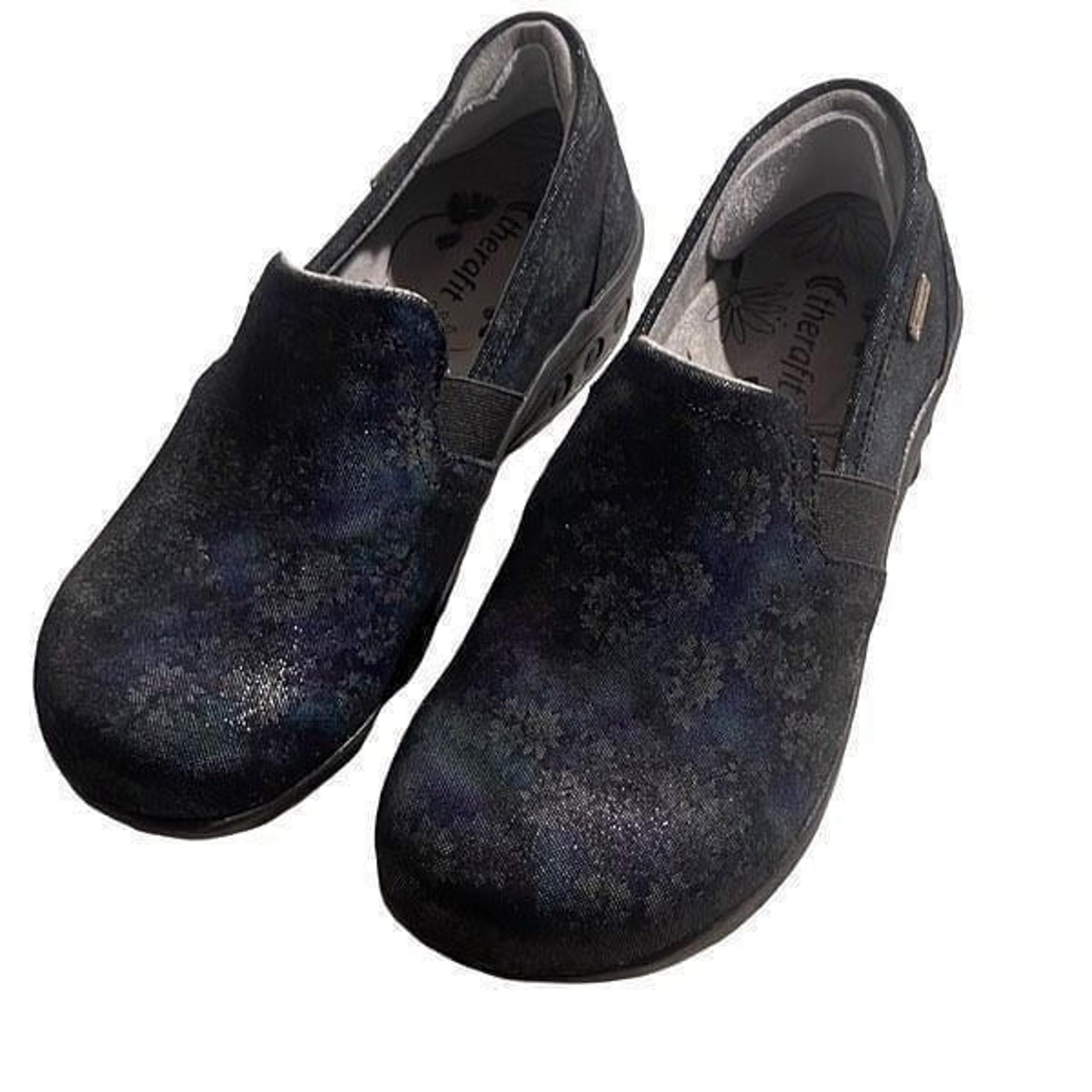 TheraFit Womens Floral Leather Slip Resistant Annie Slip-On Shoes Haze Sz 8.5-9