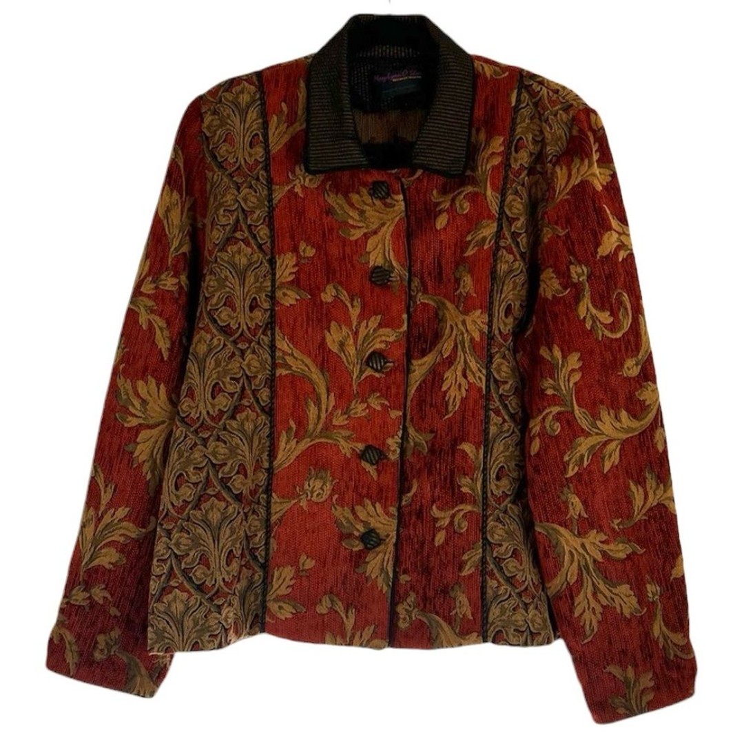 Mary Lynn O'Shea Handwoven Red Gold Tapestry Button Front Jacket Artsy Size M