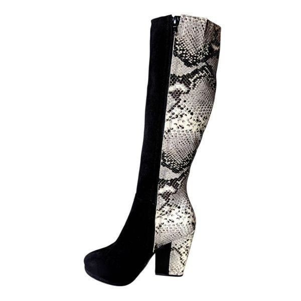 POUR LA VICTOIRE Tall Snakeskin Black Suede Heeled Boot Size 7.5