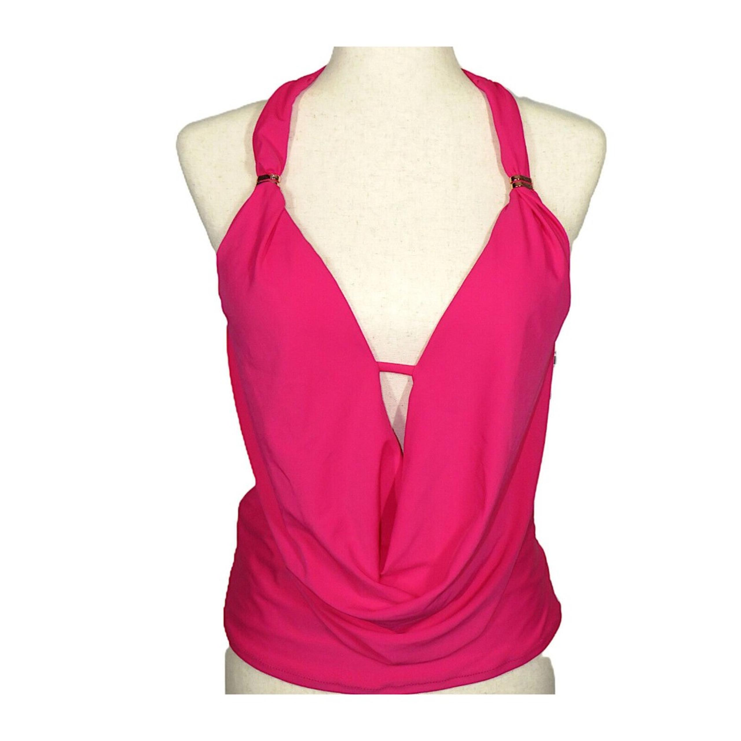 Bar III Fuchsia Plunging Padded Draped Front Halter Tie Tankini Swim Top XS