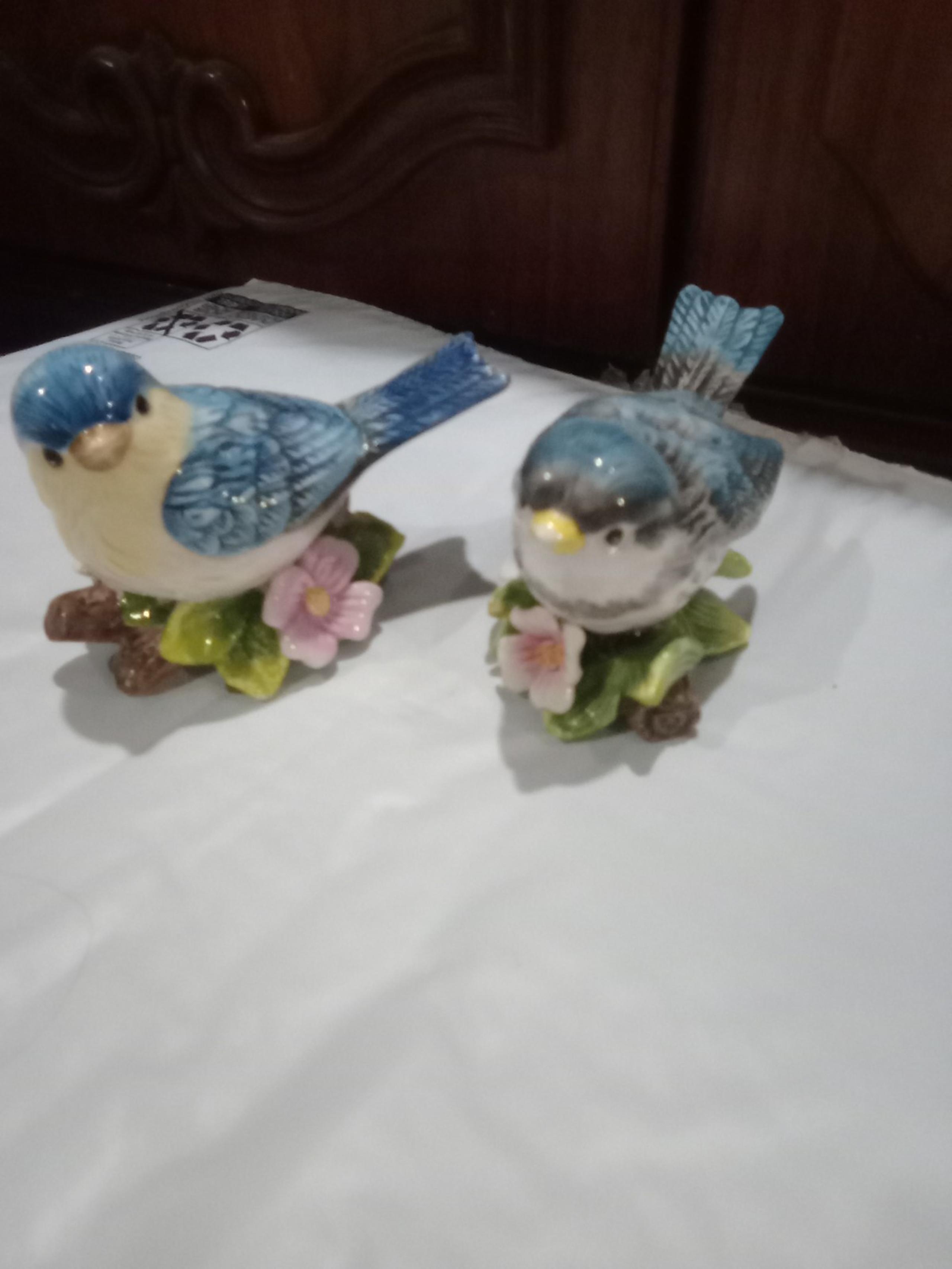 VintageVintage Gloss Ceramic Blue Bird Sitting on Flowers - Pair
